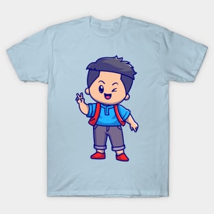 Cute Boy With Peace Sign Cartoon T-Shirt